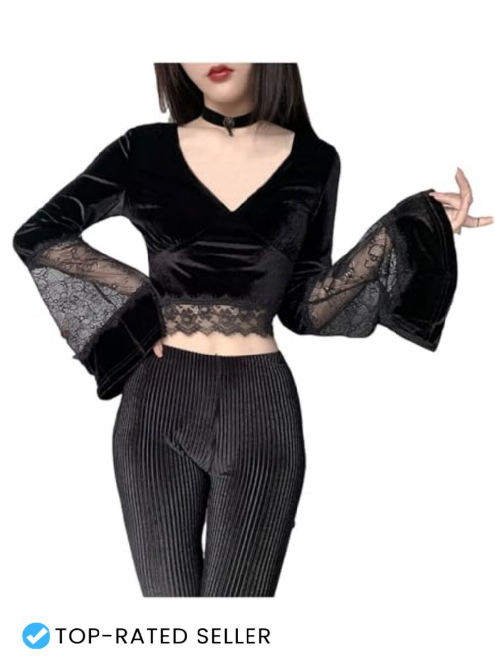 Womens Gothic Velvet Crop Top Lace Patchwork Long Sleeve V Neck Shirt